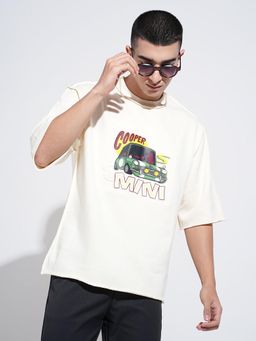 SHOWOFFFF - Men Graphic Print Cream Round Neck Oversized T-shirt