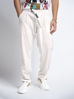 SHOWOFF - Mens Corduroy Off White Regular Fit Trouser with Attached Belt