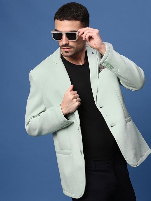 SHOWOFFFF Men Sea Green Single-Breasted Slim Fit Blazer