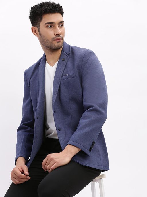 SHOWOFFFF Men Navy Blue Single-Breasted Slim Fit Blazer