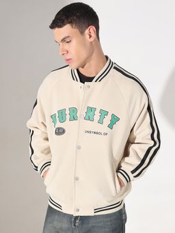 SHOWOFF - Men Edition Typography Cream Full Sleeves Varsity Jacket