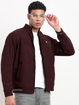 SHOWOFF - Men Solid Maroon High Neck Bomber Jacket
