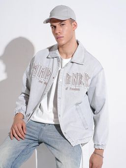 SHOWOFF - Men Edition Typography Light Grey Denim Jacket