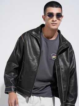SHOWOFF - Men Edition Solid Black Biker Jacket
