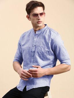 SHOWOFF - Men Blue Cotton Linen Slim Fit Solid Shirt