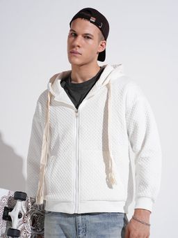 SHOWOFF - Men Off White Hooded Ribbed Regular Fit Hoodies With Zip