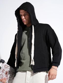 SHOWOFF - Men Black Hooded Ribbed Regular Fit Hoodies With Zip