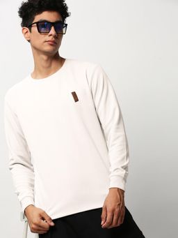 SHOWOFFFF - Men Off White Round Neck Ribbed Slim Fit Sweatshirt