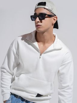 SHOWOFF - Men White High Neck Ribbed Slim Fit Sweatshirt With Half Zipper