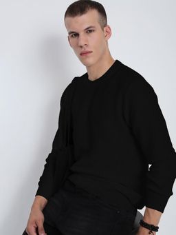 SHOWOFF - Men Black Ribbed Round Neck Sweater