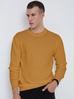 SHOWOFF - Men Mustard Ribbed Round Neck Sweater