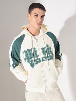 SHOWOFF - Men Typography Cream Hooded Slim Fit Hoodies With Zip