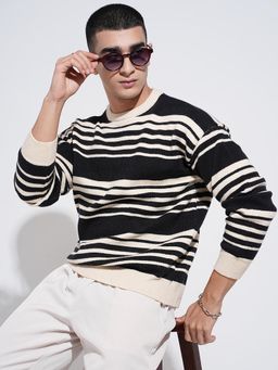 SHOWOFF - Men Striped Black Ribbed Round Neck Sweater