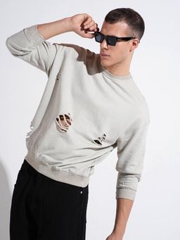 SHOWOFFFF - Men Grey Round Neck Ribbed Regular Fit Sweatshirt