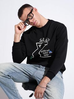 SHOWOFFFF - Men Graphic Print Black Round Neck Ribbed Regular Fit Sweatshirt