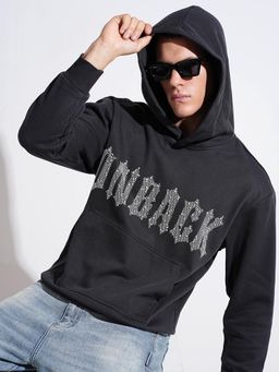 SHOWOFF - Men Typography Charcoal Hooded Ribbed Regular Fit Hoodies