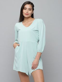 SHOWOFF - Womens V-neck Sea Green Three-quarter Sleeves Solid Jumpsuit