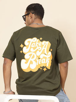 RIGO - Men Army Green Terry Oversized Printed T-Shirt