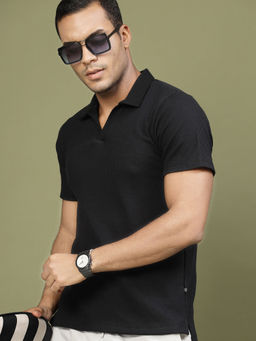 RIGO - Men Black Waffle Polo T-Shirt