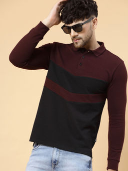 RIGO - Men Wine and Black Colorblocked Polo T-Shirt
