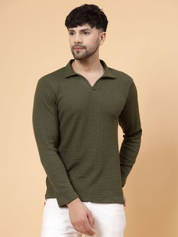 RIGO - Men Olive Waffle Knit Solid Polo T-Shirt