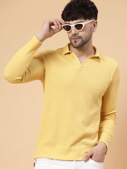 RIGO - Men Yellow Waffle Knit Solid Polo T-Shirt