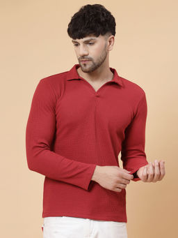 RIGO - Men Maroon Waffle Knit Solid Polo T-Shirt