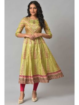 W - Light Green Karnataka Silk Anarkali Kurta with Dark Pink Leggings