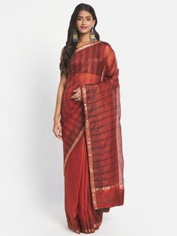 Fabindia - Rust Silk Hand Block Print Saree without Blouse