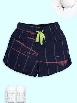 KiddoPanti - Girls Navy Blue Cotton Plaid Printed Hot Shorts
