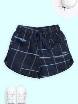 KiddoPanti - Girls Blue Cotton Plaid Printed Hot Shorts