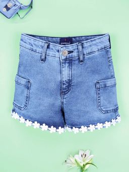 KiddoPanti - Girls White Flower Lace Detail Denim Shorts
