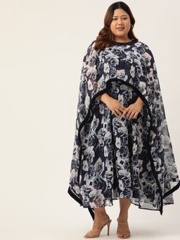 theRebelinme - Plus Size Womens Navy Rose Printed Georgette Party Wear Dress (Set of 2)