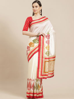 Sareemall - off White Festive Silk Blend Printed Saree with Unstitched Blouse