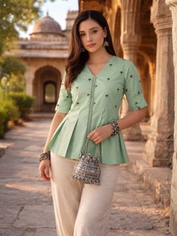 WineRed - Women Mint Green Embroidered Peplum Top
