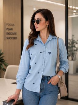 WineRed - Women Blue Heart Embroidered Casual Shirt