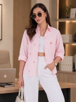 WineRed - Women Pink Heart Embroidered Casual Shirt