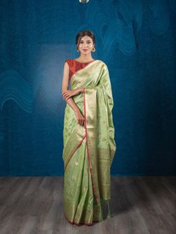 EXCLUSIVA - Green Tussar Silk Banarasi Woven Saree with Unstitched Blouse