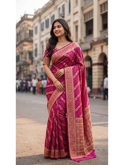 Wedani - Pink Banarasi Saree with Unstitched Blouse
