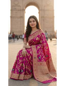 Wedani - Pink Women's Banarasi Saree with Unstitched Blouse