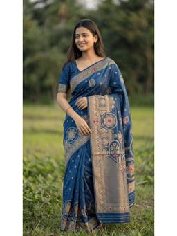 Wedani - Teal Women's Banarasi Saree with Unstitched Blouse