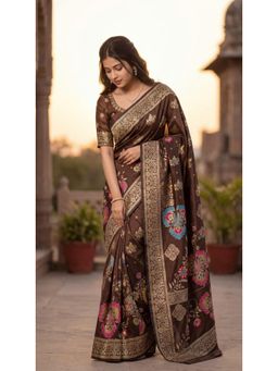 Wedani - Women's Banarasi Brown Saree with Unstitched Blouse