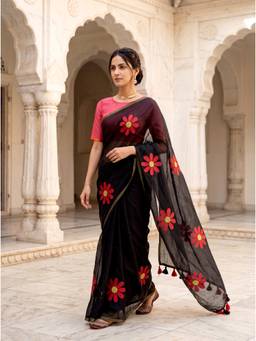 Kasee - Women's Black Floral Cotton Saree with Unstitched Blouse