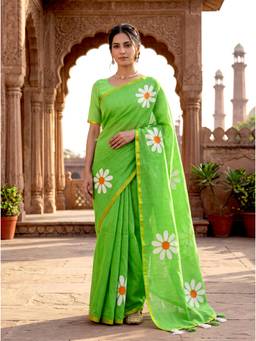 Kasee - Women's Green Floral Cotton Saree with Unstitched Blouse