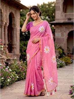 Kasee - Women's Lavender Floral Cotton Saree with Unstitched Blouse