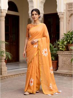 Kasee - Women's Orange Floral Cotton Saree with Unstitched Blouse