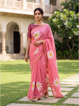 Kasee - Women's Pink Floral Cotton Saree with Unstitched Blouse