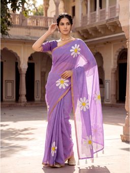 Kasee - Women's Purple Floral Cotton Saree with Unstitched Blouse