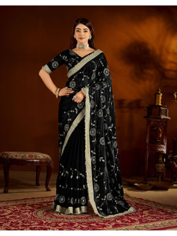 RAAG VARNAM - Black Satin Embroidered Saree with Unstitched Blouse