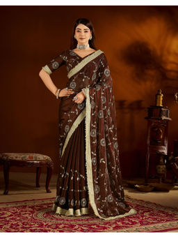 RAAG VARNAM - Brown Satin Embroidered Saree with Unstitched Blouse